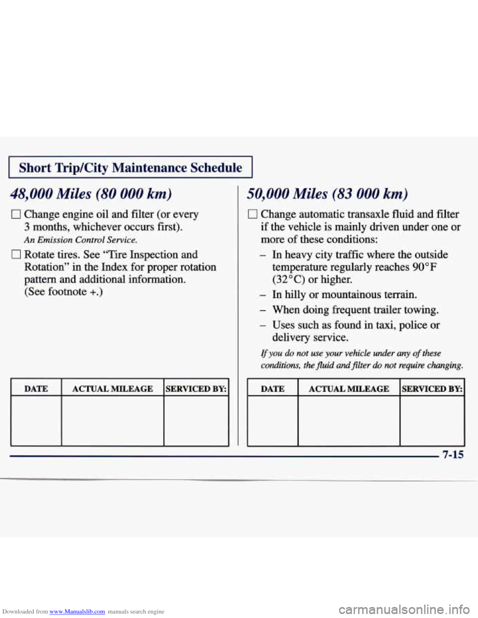 CHEVROLET MALIBU 1997 5.G Owners Manual Downloaded from www.Manualslib.com manuals search engine I Short TripKity  Maintenance Schedule I 
48,000 Miles (80 000 km) 
0 Change engine oil  and filter  (or  every 
3 months,  whichever  occurs  