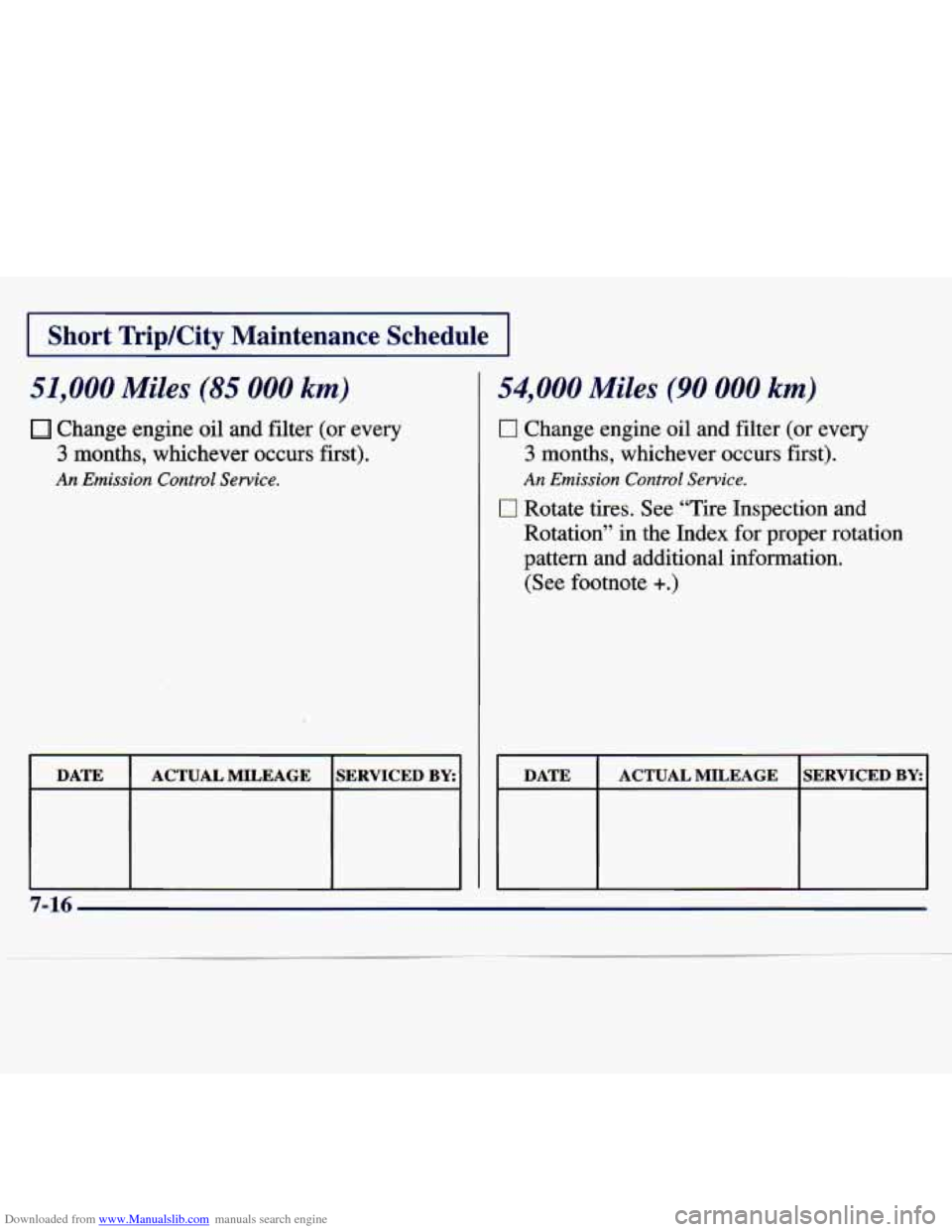 CHEVROLET MALIBU 1997 5.G Owners Manual Downloaded from www.Manualslib.com manuals search engine I ,Short Trip/City  Maintenance  Schedule I 
51,000 Miles (85 000 km) 
Change  engine  oil and  filter  (or  every 
3 months,  whichever  occur