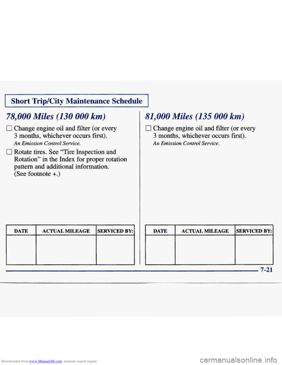 CHEVROLET MALIBU 1997 5.G Owners Manual Downloaded from www.Manualslib.com manuals search engine I Short Trip/City Maintenance Schedule I
78,000 Miles (130 000 km)
0 Change engine oil and filter (or every
3 months, whichever occ CHEVROLET MALIBU 1997 5.G Owners Manual Downloaded from www.Manualslib.com manuals search engine I Short Trip/City Maintenance Schedule I
78,000 Miles (130 000 km)
0 Change engine oil and filter (or every
3 months, whichever occ