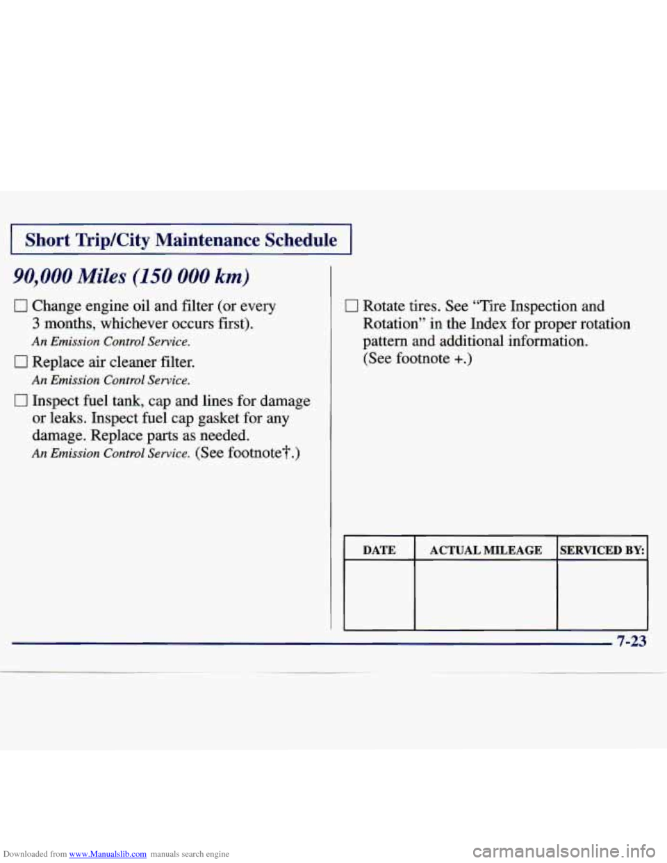 CHEVROLET MALIBU 1997 5.G Owners Manual Downloaded from www.Manualslib.com manuals search engine I Short Trip/City Maintenance Schedule I
90,000 Miles (150 000 km)
0 Change engine oil and filter (or every
3 months, whichever occ CHEVROLET MALIBU 1997 5.G Owners Manual Downloaded from www.Manualslib.com manuals search engine I Short Trip/City Maintenance Schedule I
90,000 Miles (150 000 km)
0 Change engine oil and filter (or every
3 months, whichever occ