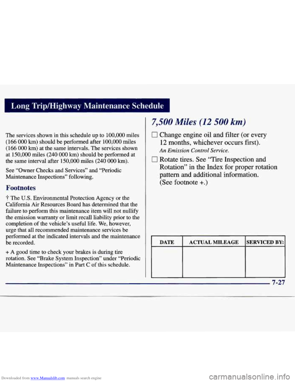 CHEVROLET MALIBU 1997 5.G Owners Manual Downloaded from www.Manualslib.com manuals search engine Long Trip/Highway Maintenance Schedule
The services shown in this schedule up to 100,000 miles
(166
000 km) should be performed CHEVROLET MALIBU 1997 5.G Owners Manual Downloaded from www.Manualslib.com manuals search engine Long Trip/Highway Maintenance Schedule
The services shown in this schedule up to 100,000 miles
(166
000 km) should be performed
