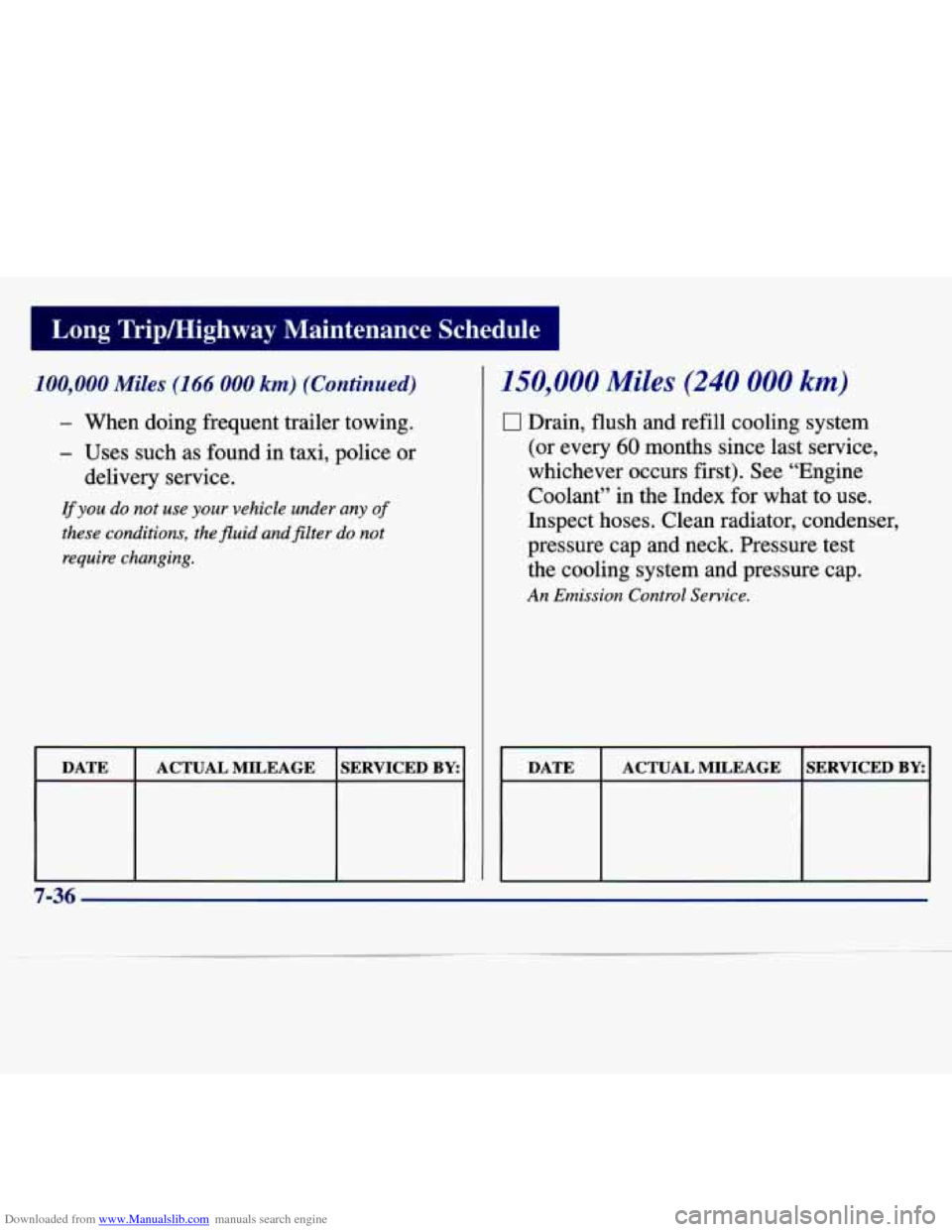 CHEVROLET MALIBU 1997 5.G Owners Manual Downloaded from www.Manualslib.com manuals search engine 1 Lone  TridHighway  Maintenance  Schedule 
I 100,000 Miles (1 66 000 km) (Continued) 
- When  doing  frequent  trailer  towing. 
- Uses  such 