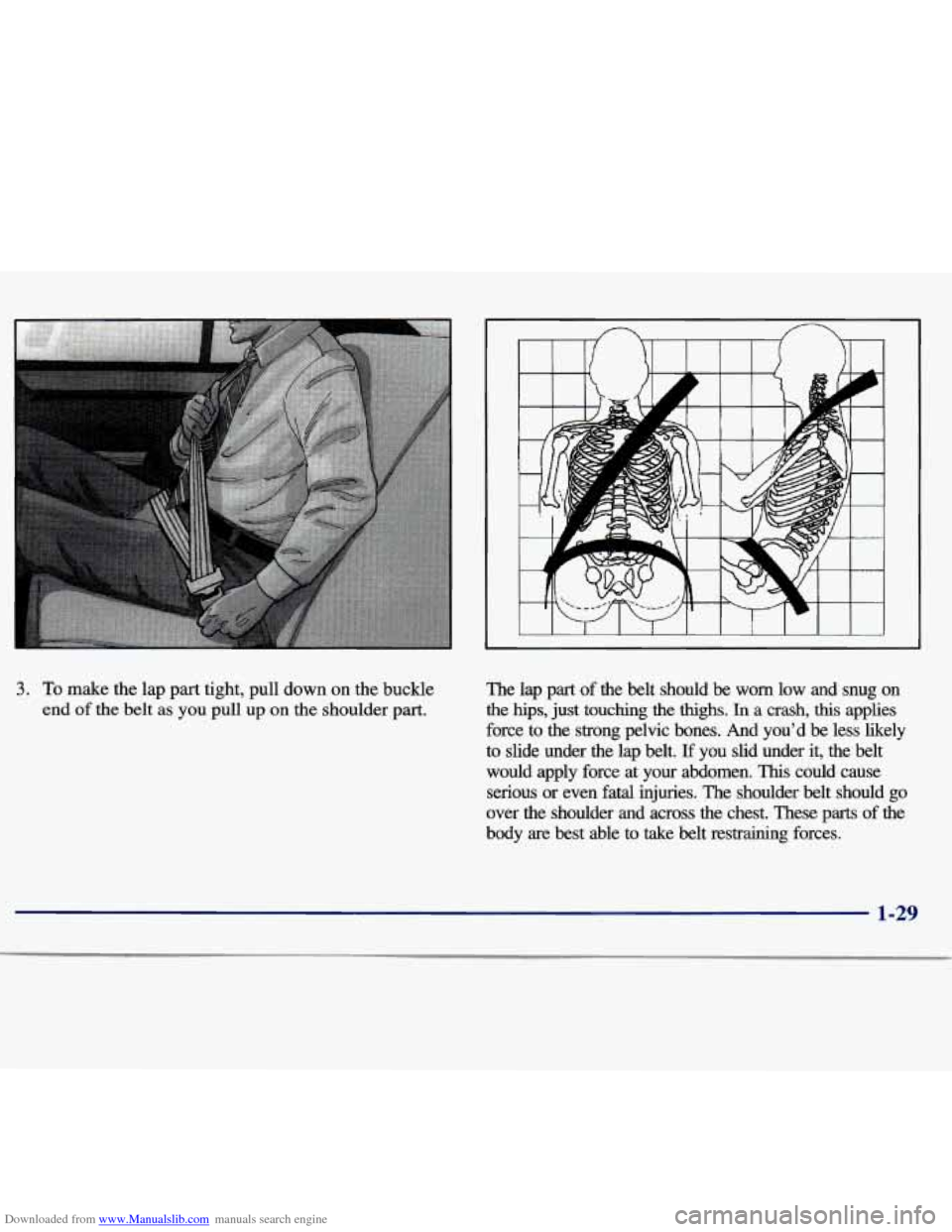 CHEVROLET MALIBU 1997 5.G Owners Guide Downloaded from www.Manualslib.com manuals search engine I 
3. To make the lap  part  tight,  pull  down  on the  buckle 
end 
of the  belt  as you  pull  up on the  shoulder  part.  The  lap  part  o