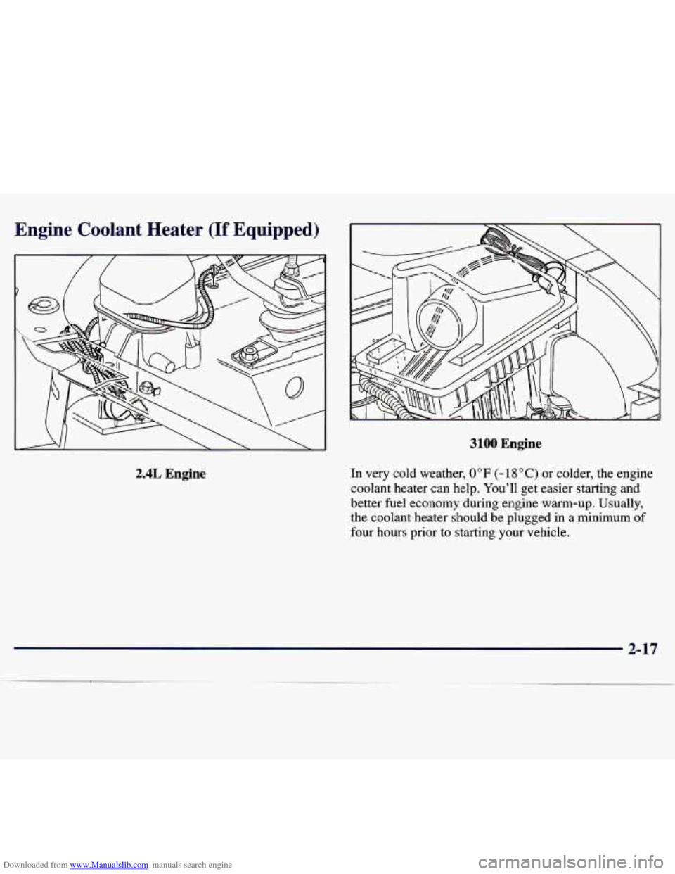 CHEVROLET MALIBU 1997 5.G Owners Manual Downloaded from www.Manualslib.com manuals search engine Engine  Coolant  Heater (If Equipped) 
2.4L Engine 
3100 Engine 
In very cold  weather, 0°F (- 18 "C) or  colder,  the  engine 
coolant  heate