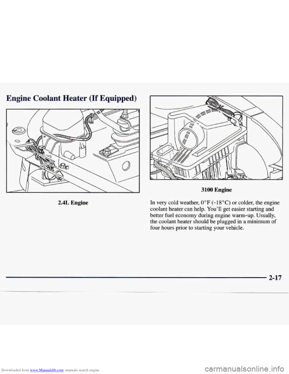 CHEVROLET MALIBU 1997 5.G Manual PDF Downloaded from www.Manualslib.com manuals search engine Engine  Coolant  Heater (If Equipped) 
2.4L Engine 
3100 Engine 
In very cold  weather, 0°F (- 18 "C) or  colder,  the  engine 
coolant  heate