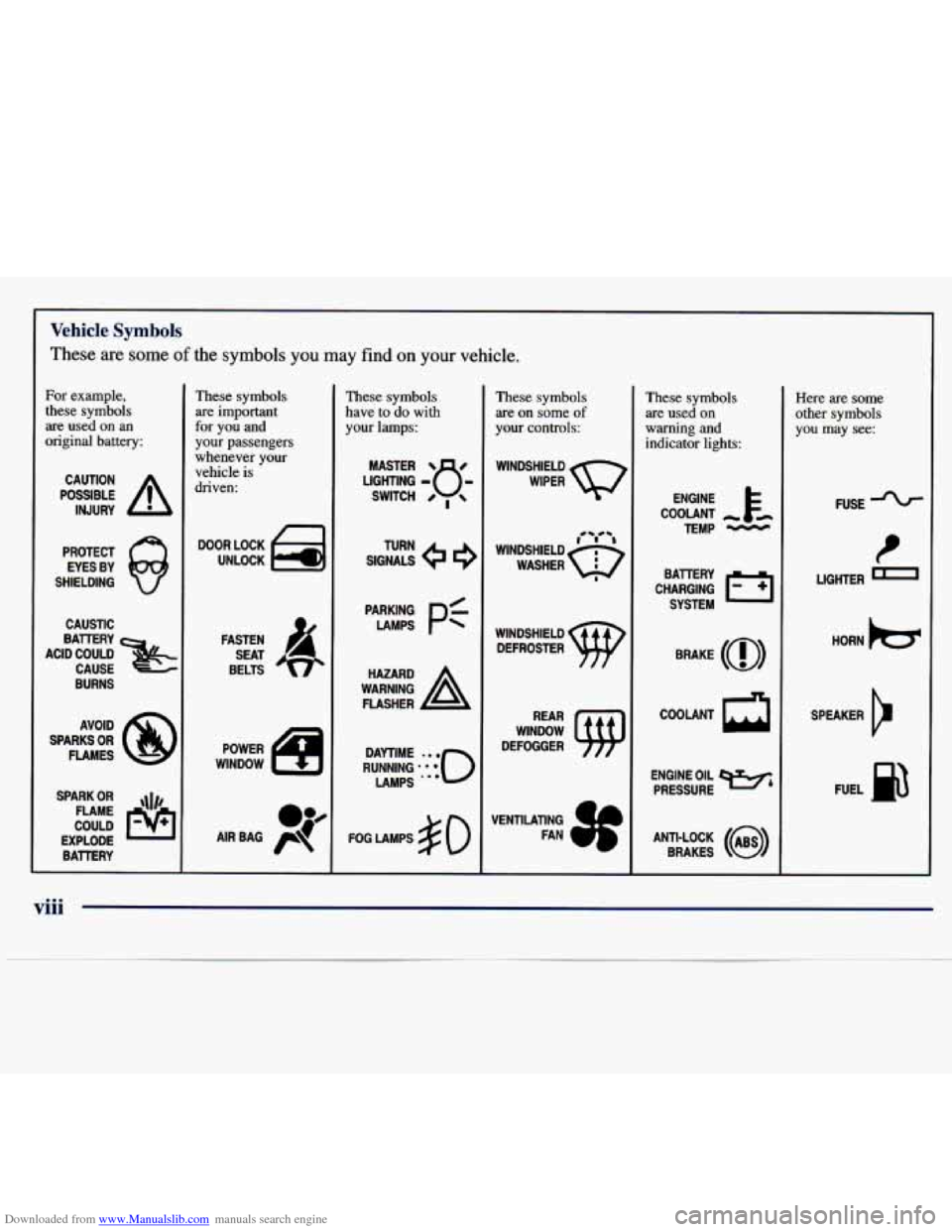 CHEVROLET MALIBU 1997 5.G Owners Manual Downloaded from www.Manualslib.com manuals search engine 1
Vehicle Symbols
These are some of the symbols you may find on your vehicle.
For example,
these symbols
are used
on an
original b CHEVROLET MALIBU 1997 5.G Owners Manual Downloaded from www.Manualslib.com manuals search engine 1
Vehicle Symbols
These are some of the symbols you may find on your vehicle.
For example,
these symbols
are used
on an
original b