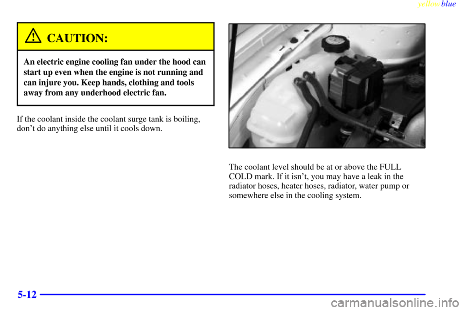 CHEVROLET MALIBU 1999 5.G Owners Manual yellowblue     
5-12
CAUTION:
An electric engine cooling fan under the hood can
start up even when the engine is not running and
can injure you. Keep hands, clothing and tools
away from any underhood 