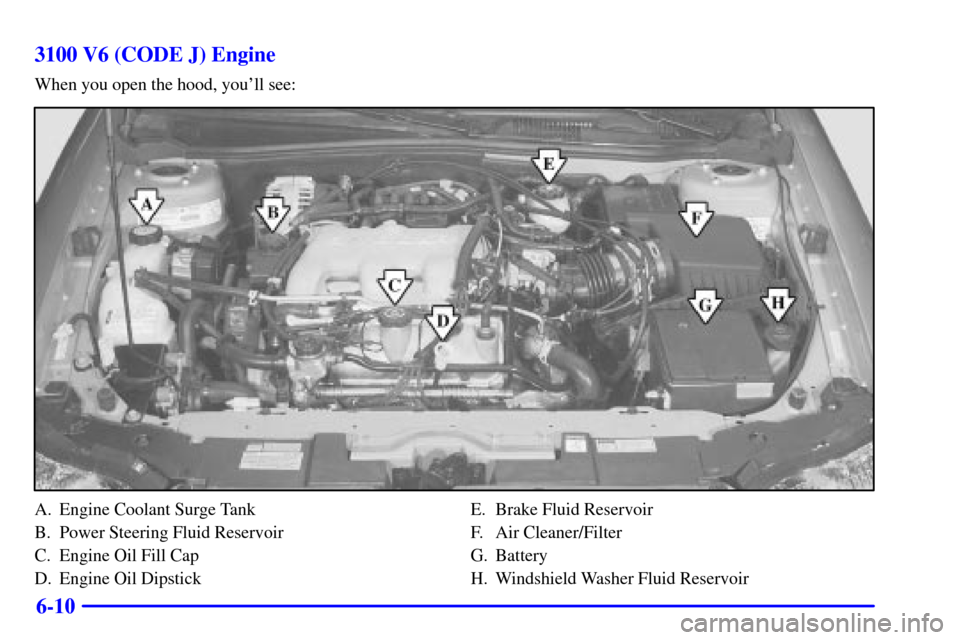 CHEVROLET MALIBU 2000 5.G Owners Manual 6-10 3100 V6 (CODE J) Engine
When you open the hood, youll see:
A. Engine Coolant Surge Tank
B. Power Steering Fluid Reservoir
C. Engine Oil Fill Cap
D. Engine Oil DipstickE. Brake Fluid Reservoir
F.