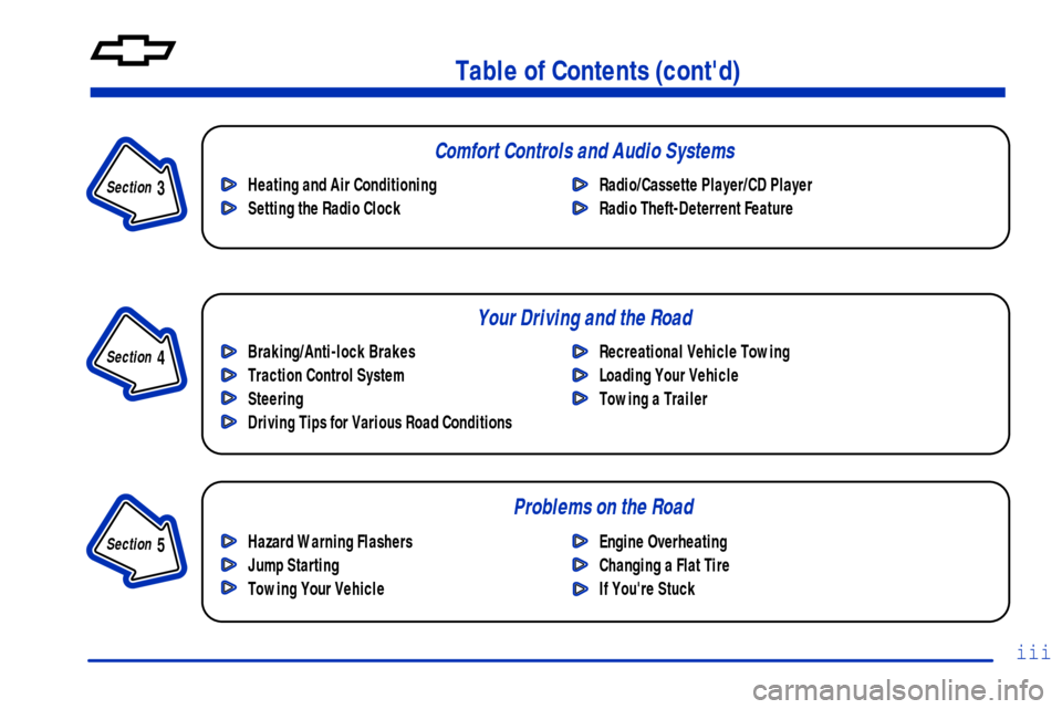CHEVROLET MALIBU 2000 5.G Owners Manual iii
Section 
 3
Comfort Controls and Audio Systems
Section 
 4
Your Driving and the Road
Section 
 5
Table of Contents (contd)
Braking/Anti-lock Brakes 
Traction Control System
Steering
Driving Tips 