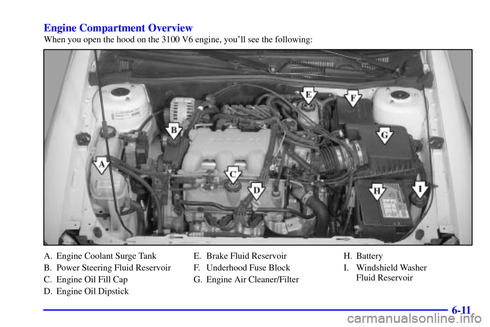 CHEVROLET MALIBU 2001 5.G Owners Manual 6-11 Engine Compartment Overview
When you open the hood on the 3100 V6 engine, youll see the following:
A. Engine Coolant Surge Tank
B. Power Steering Fluid Reservoir
C. Engine Oil Fill Cap
D. Engine