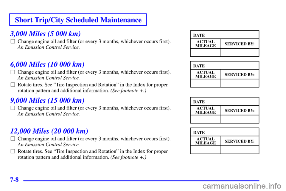 CHEVROLET MALIBU 2001 5.G Owners Manual Short Trip/City Scheduled Maintenance
7-8
3,000 Miles (5 000 km)
Change engine oil and filter (or every 3 months, whichever occurs first). 
An Emission Control Service. 
6,000 Miles (10 000 km)
Chan
