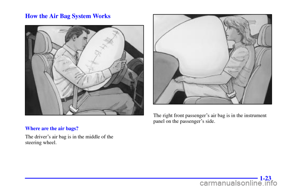 CHEVROLET MALIBU 2001 5.G Owners Guide 1-23 How the Air Bag System Works
Where are the air bags?
The drivers air bag is in the middle of the 
steering wheel.
The right front passengers air bag is in the instrument
panel on the passenger