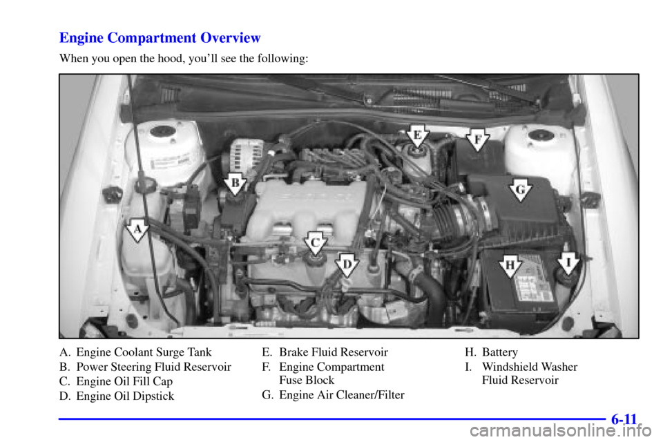 CHEVROLET MALIBU 2002 5.G Owners Manual 6-11 Engine Compartment Overview
When you open the hood, youll see the following:
A. Engine Coolant Surge Tank
B. Power Steering Fluid Reservoir
C. Engine Oil Fill Cap
D. Engine Oil DipstickE. Brake 