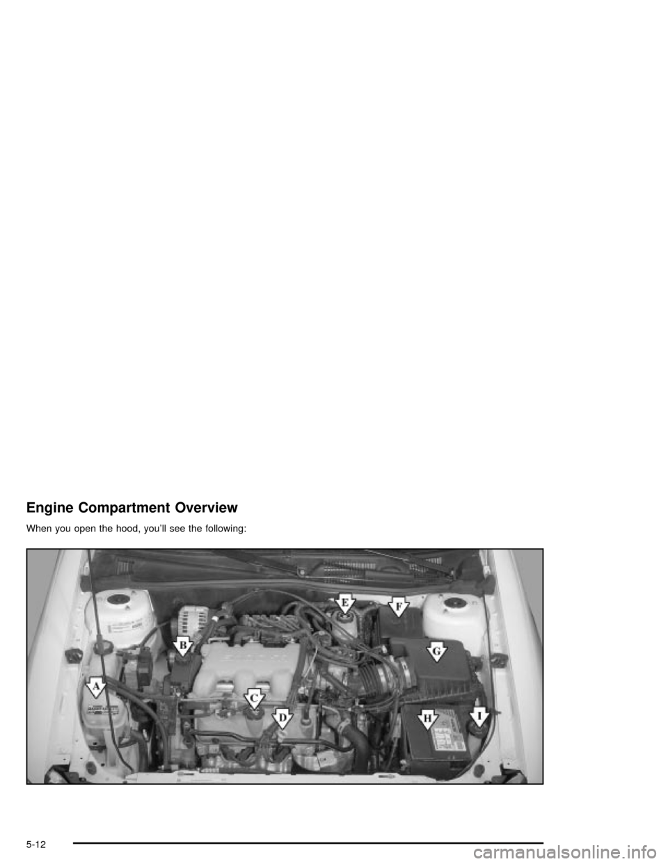 CHEVROLET MALIBU 2003 5.G Owners Manual Engine Compartment Overview
When you open the hood, youll see the following:
5-12 CHEVROLET MALIBU 2003 5.G Owners Manual Engine Compartment Overview
When you open the hood, youll see the following:
5-12