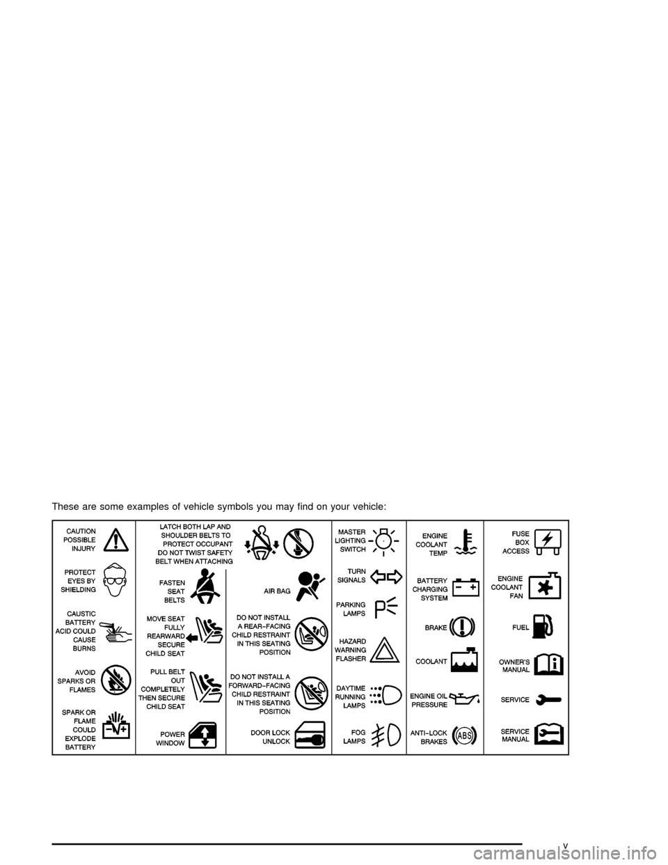CHEVROLET MALIBU 2003 5.G Owners Manual These are some examples of vehicle symbols you may ®nd on your vehicle:
v CHEVROLET MALIBU 2003 5.G Owners Manual These are some examples of vehicle symbols you may ®nd on your vehicle:
v