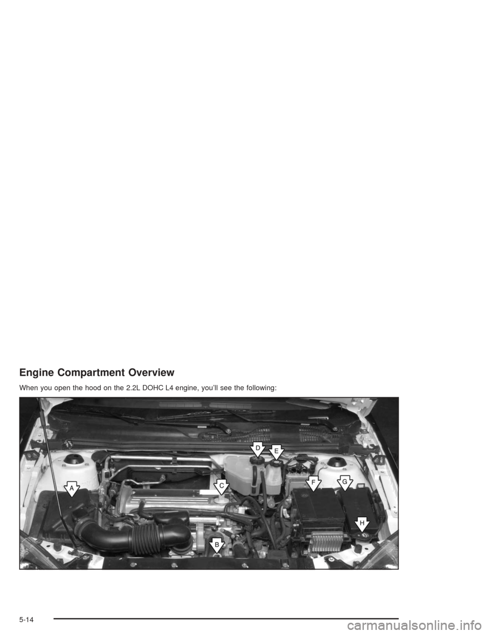 CHEVROLET MALIBU 2004 5.G Owners Manual Engine Compartment Overview
When you open the hood on the 2.2L DOHC L4 engine, you’ll see the following:
5-14 