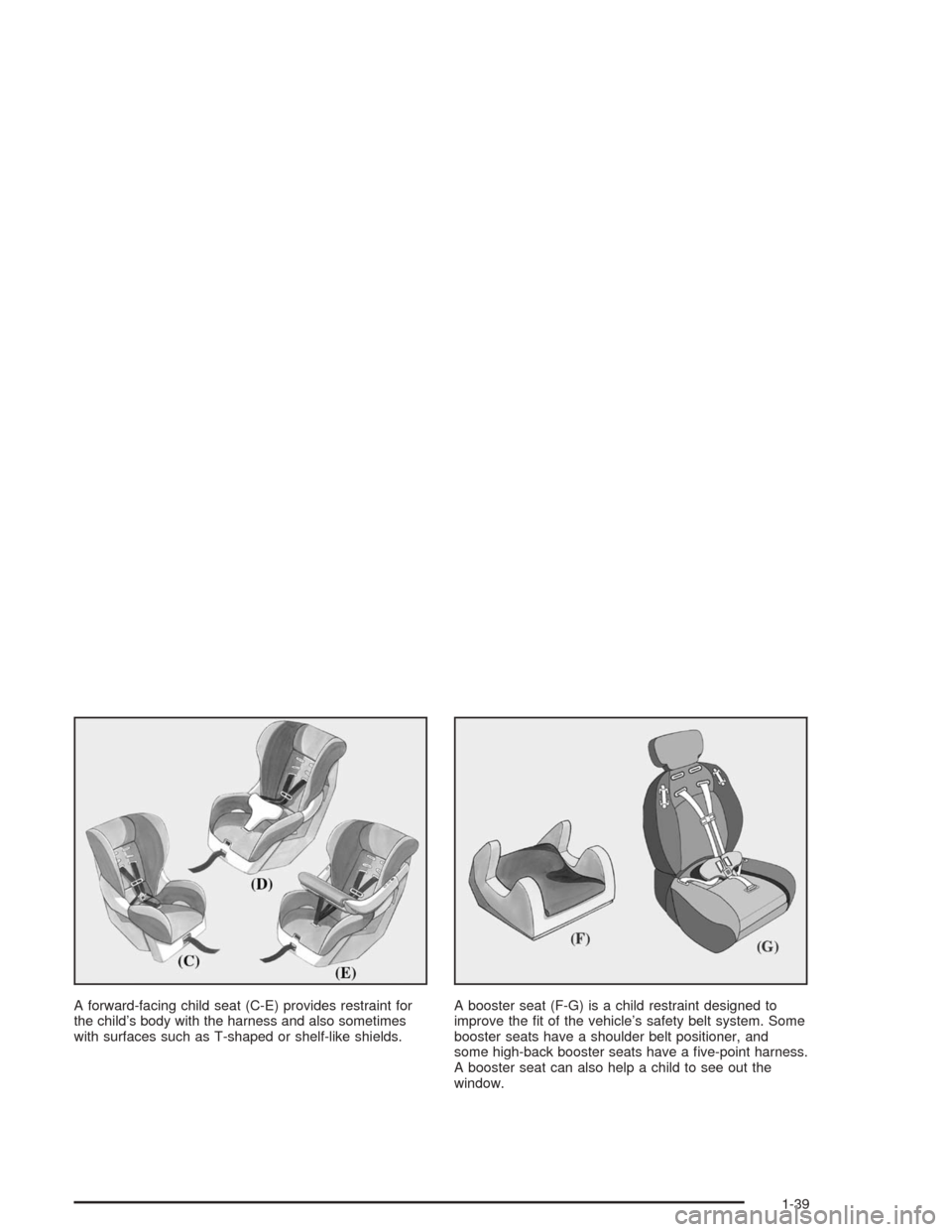 CHEVROLET MALIBU 2004 5.G Service Manual A forward-facing child seat (C-E) provides restraint for
the child’s body with the harness and also sometimes
with surfaces such as T-shaped or shelf-like shields.A booster seat (F-G) is a child res