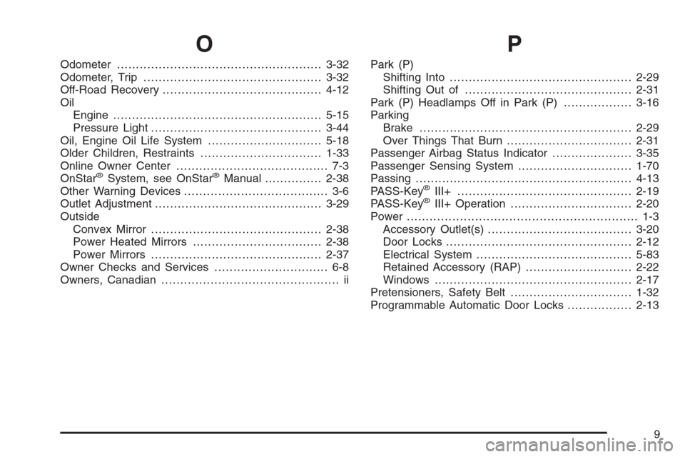 CHEVROLET MALIBU 2005 5.G Owners Manual O
Odometer......................................................3-32
Odometer, Trip...............................................3-32
Off-Road Recovery..........................................4-12
O