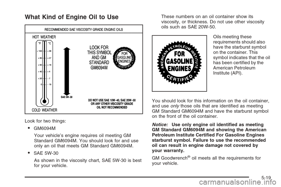CHEVROLET MALIBU 2006 6.G Owners Manual What Kind of Engine Oil to Use
Look for two things:
GM6094M
Your vehicle’s engine requires oil meeting GM
Standard GM6094M. You should look for and use
only an oil that meets GM Standard GM6094M.
CHEVROLET MALIBU 2006 6.G Owners Manual What Kind of Engine Oil to Use
Look for two things:
GM6094M
Your vehicle’s engine requires oil meeting GM
Standard GM6094M. You should look for and use
only an oil that meets GM Standard GM6094M.
