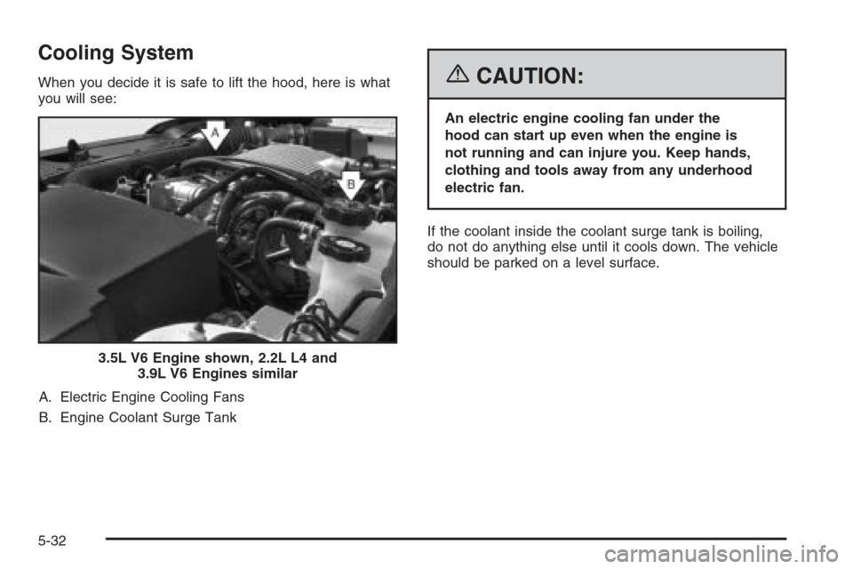 CHEVROLET MALIBU 2006 6.G Owners Manual Cooling System
When you decide it is safe to lift the hood, here is what
you will see:
A. Electric Engine Cooling Fans
B. Engine Coolant Surge Tank{CAUTION:
An electric engine cooling fan under the
ho