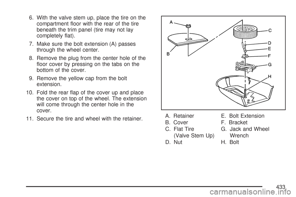 CHEVROLET MALIBU 2007 6.G Owners Manual 6. With the valve stem up, place the tire on the
compartment �oor with the rear of the tire
beneath the trim panel (tire may not lay
completely �at).
7. Make sure the bolt extension (A) passes
through