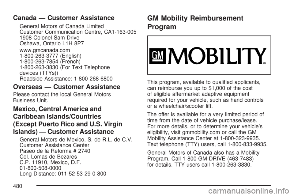 CHEVROLET MALIBU MAXX 2007 6.G Owners Manual Canada — Customer Assistance
General Motors of Canada Limited
Customer Communication Centre, CA1-163-005
1908 Colonel Sam Drive
Oshawa, Ontario L1H 8P7
www.gmcanada.com
1-800-263-3777 (English)
1-80