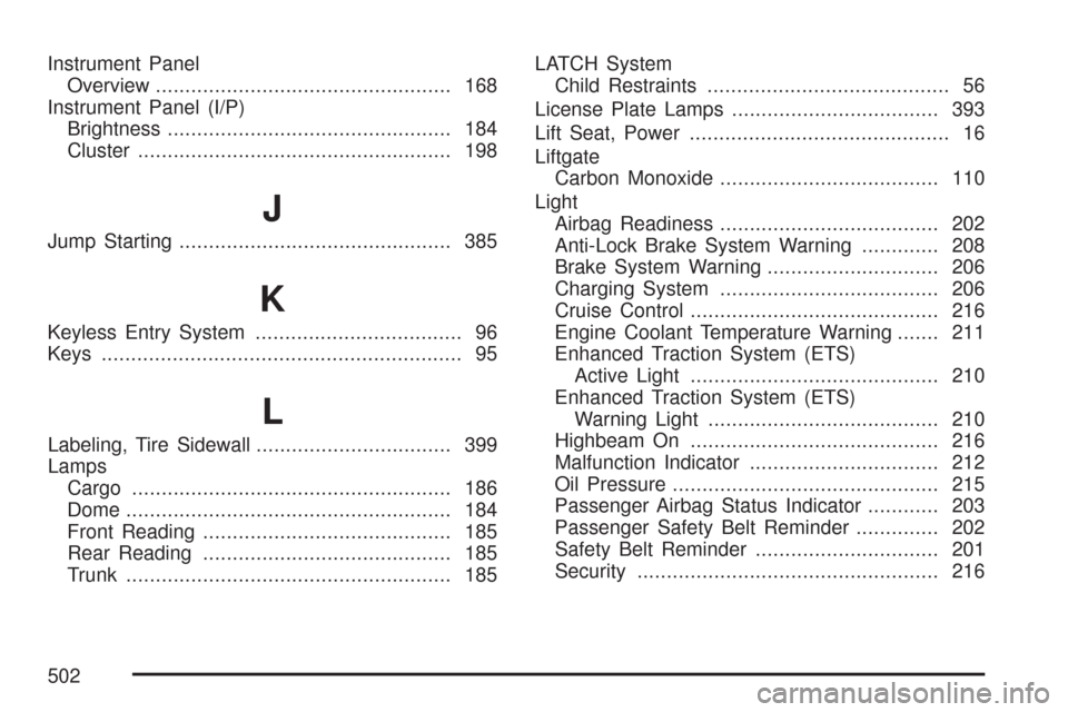 CHEVROLET MALIBU MAXX 2007 6.G Owners Manual Instrument Panel
Overview.................................................. 168
Instrument Panel (I/P)
Brightness................................................ 184
Cluster...........................