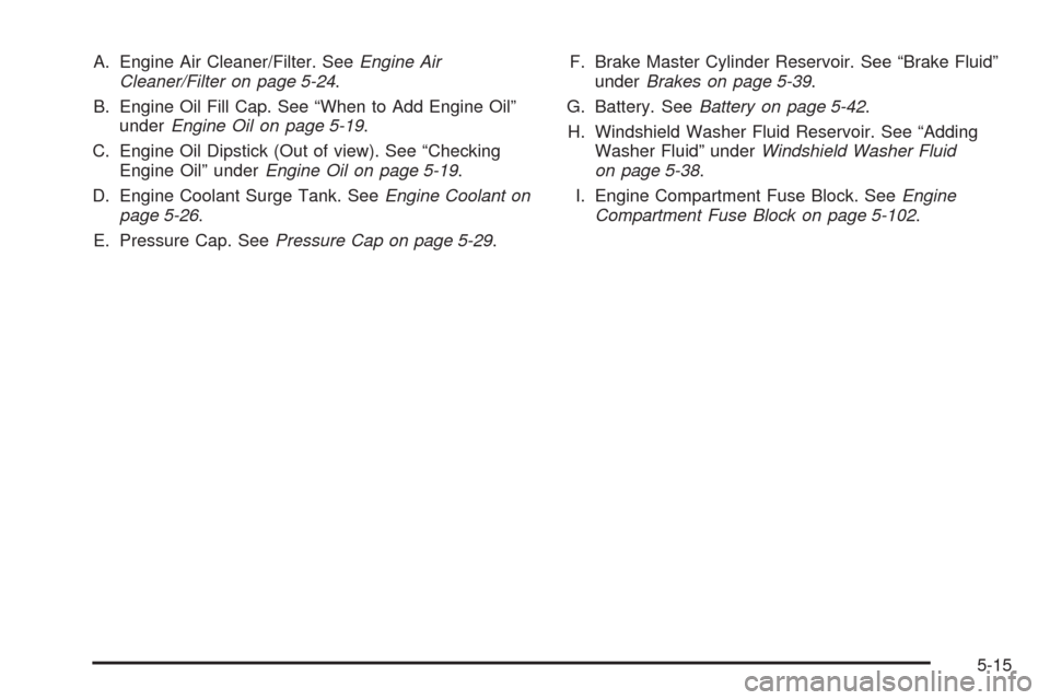 CHEVROLET MALIBU 2008 6.G Owners Manual A. Engine Air Cleaner/Filter. SeeEngine Air
Cleaner/Filter on page 5-24.
B. Engine Oil Fill Cap. See “When to Add Engine Oil”
underEngine Oil on page 5-19.
C. Engine Oil Dipstick (Out of view). Se