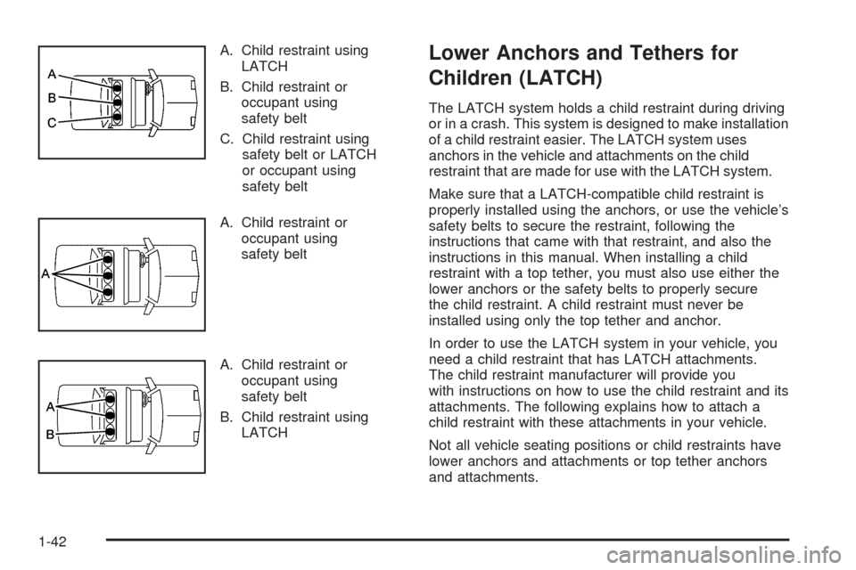CHEVROLET MALIBU 2008 6.G Service Manual A. Child restraint using
LATCH
B. Child restraint or
occupant using
safety belt
C. Child restraint using
safety belt or LATCH
or occupant using
safety belt
A. Child restraint or
occupant using
safety 