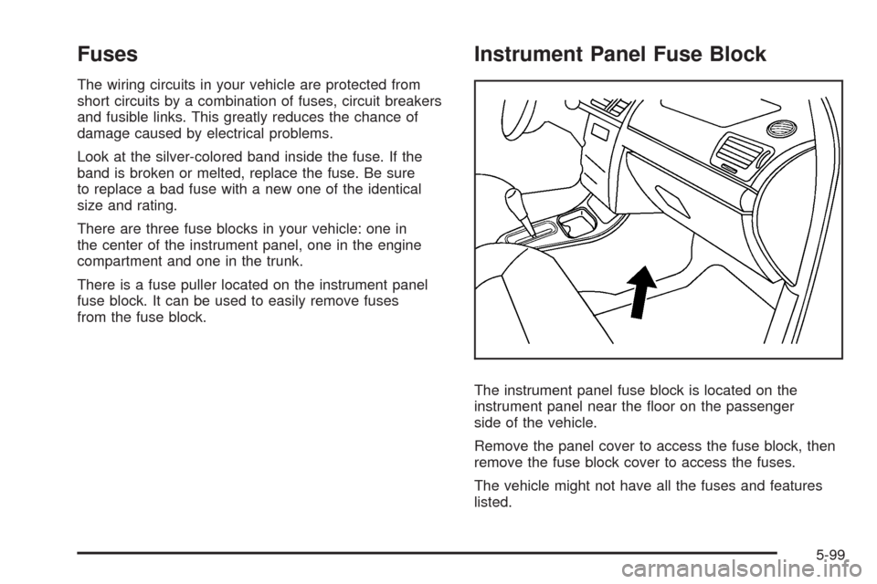 CHEVROLET MALIBU 2009 7.G Owners Manual Fuses
The wiring circuits in your vehicle are protected from
short circuits by a combination of fuses, circuit breakers
and fusible links. This greatly reduces the chance of
damage caused by electrica
