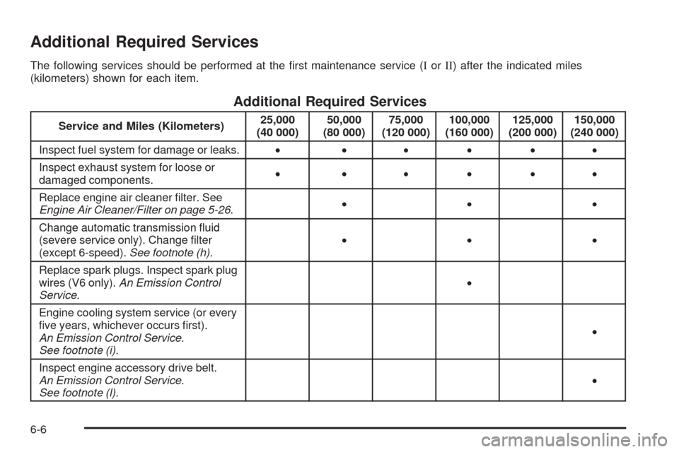 CHEVROLET MALIBU 2009 7.G Owners Manual Additional Required Services
The following services should be performed at the �rst maintenance service (IorII) after the indicated miles
(kilometers) shown for each item.
Additional Required Services