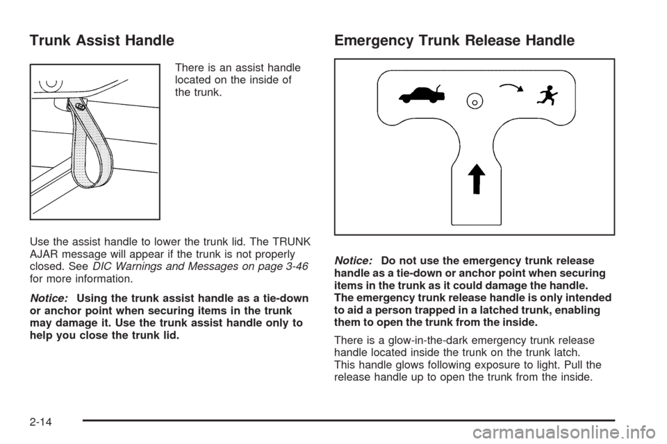 CHEVROLET MALIBU 2009 7.G Owners Manual Trunk Assist Handle
There is an assist handle
located on the inside of
the trunk.
Use the assist handle to lower the trunk lid. The TRUNK
AJAR message will appear if the trunk is not properly
closed. 