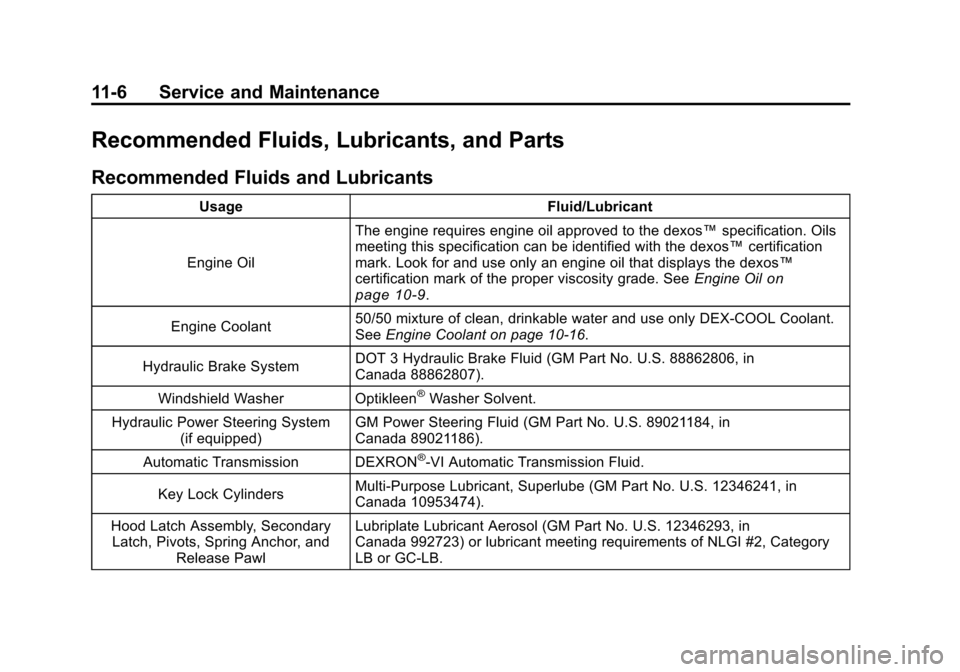 CHEVROLET MALIBU 2011 7.G Owners Manual Black plate (6,1)Chevrolet Malibu Owner Manual - 2011
11-6 Service and Maintenance
Recommended Fluids, Lubricants, and Parts
Recommended Fluids and Lubricants
UsageFluid/Lubricant
Engine Oil The engin