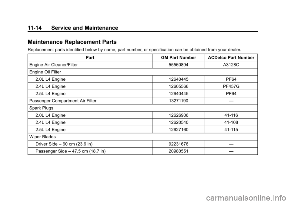 CHEVROLET MALIBU 2013 8.G Owners Manual Black plate (14,1)Chevrolet Malibu Owner Manual - 2013 - CRC - 6/6/12
11-14 Service and Maintenance
Maintenance Replacement Parts
Replacement parts identified below by name, part number, or specificat