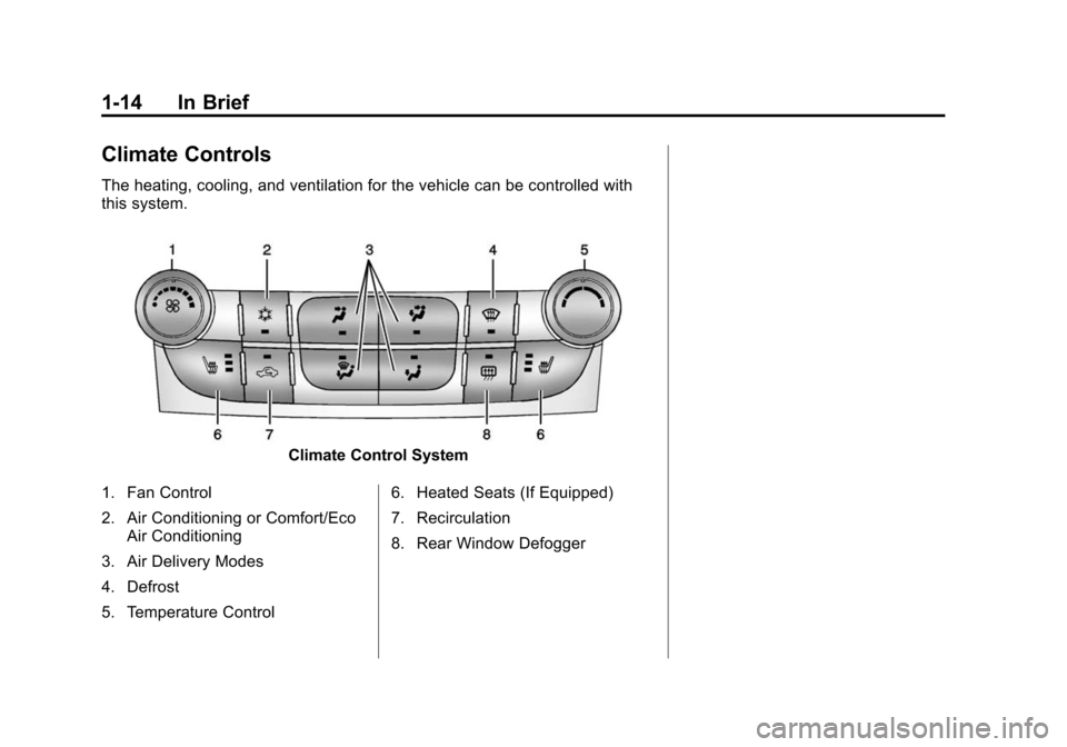 CHEVROLET MALIBU 2014 8.G User Guide Black plate (14,1)Chevrolet Malibu Owner Manual (GMNA-Localizing-U.S./Canada/Mexico-
6081487) - 2014 - CRC - 11/19/13
1-14 In Brief
Climate Controls
The heating, cooling, and ventilation for the vehic