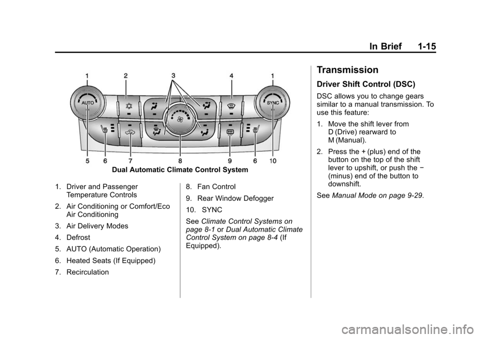 CHEVROLET MALIBU 2014 8.G Owners Manual Black plate (15,1)Chevrolet Malibu Owner Manual (GMNA-Localizing-U.S./Canada/Mexico-
6081487) - 2014 - CRC - 11/19/13
In Brief 1-15
Dual Automatic Climate Control System
1. Driver and Passenger Temper