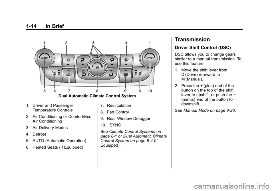 CHEVROLET MALIBU 2015 8.G Owners Manual Black plate (14,1)Chevrolet Malibu Owner Manual (GMNA-Localizing-U.S./Canada/Mexico-
7575972) - 2015 - crc - 4/1/14
1-14 In Brief
Dual Automatic Climate Control System
1. Driver and Passenger Temperat