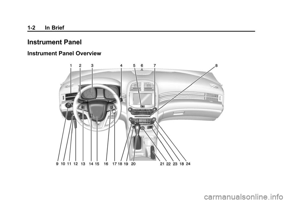 CHEVROLET MALIBU 2015 8.G Owners Manual Black plate (2,1)Chevrolet Malibu Owner Manual (GMNA-Localizing-U.S./Canada/Mexico-
7575972) - 2015 - crc - 4/1/14
1-2 In Brief
Instrument Panel
Instrument Panel Overview 