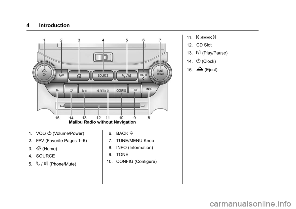 CHEVROLET MALIBU 2016 8.G Infotainment Manual Chevrolet Malibu Limited/Cruze Limited MyLink Infotainment System
(GMNA-Localizing-U.S./Canada-9282853) - 2016 - crc - 4/16/15
4 Introduction
Malibu Radio without Navigation
1. VOL/
O(Volume/Power)
2.