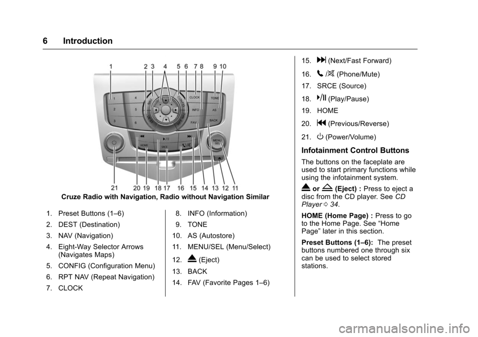 CHEVROLET MALIBU 2016 8.G Infotainment Manual Chevrolet Malibu Limited/Cruze Limited MyLink Infotainment System
(GMNA-Localizing-U.S./Canada-9282853) - 2016 - crc - 4/16/15
6 Introduction
Cruze Radio with Navigation, Radio without Navigation Simi