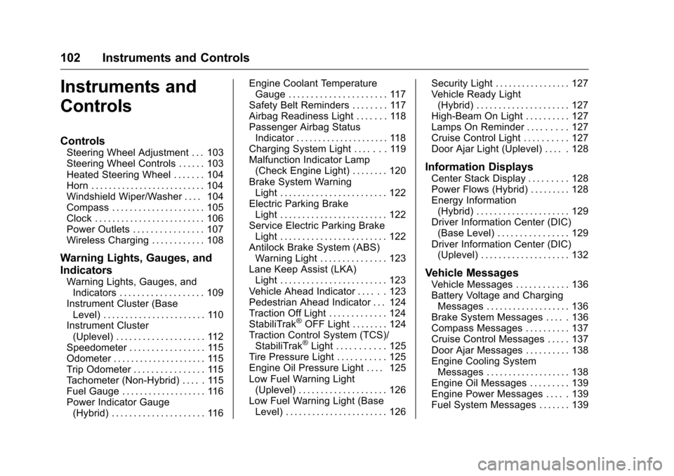 CHEVROLET MALIBU 2016 8.G Owners Manual Chevrolet Malibu Owner Manual (GMNA-Localizing-U.S./Canada/Mexico-
9087641) - 2016 - crc - 9/3/15
102 Instruments and Controls
Instruments and
Controls
Controls
Steering Wheel Adjustment . . . 103
Ste