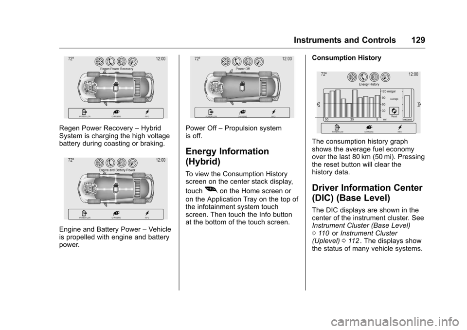CHEVROLET MALIBU 2016 8.G Owners Manual Chevrolet Malibu Owner Manual (GMNA-Localizing-U.S./Canada/Mexico-
9087641) - 2016 - crc - 9/3/15
Instruments and Controls 129
Regen Power Recovery–Hybrid
System is charging the high voltage
battery