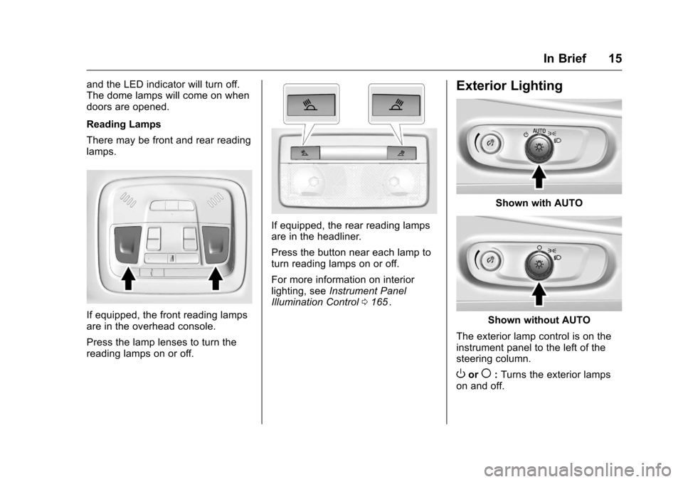 CHEVROLET MALIBU 2016 8.G User Guide Chevrolet Malibu Owner Manual (GMNA-Localizing-U.S./Canada/Mexico-
9087641) - 2016 - crc - 9/3/15
In Brief 15
and the LED indicator will turn off.
The dome lamps will come on when
doors are opened.
Re