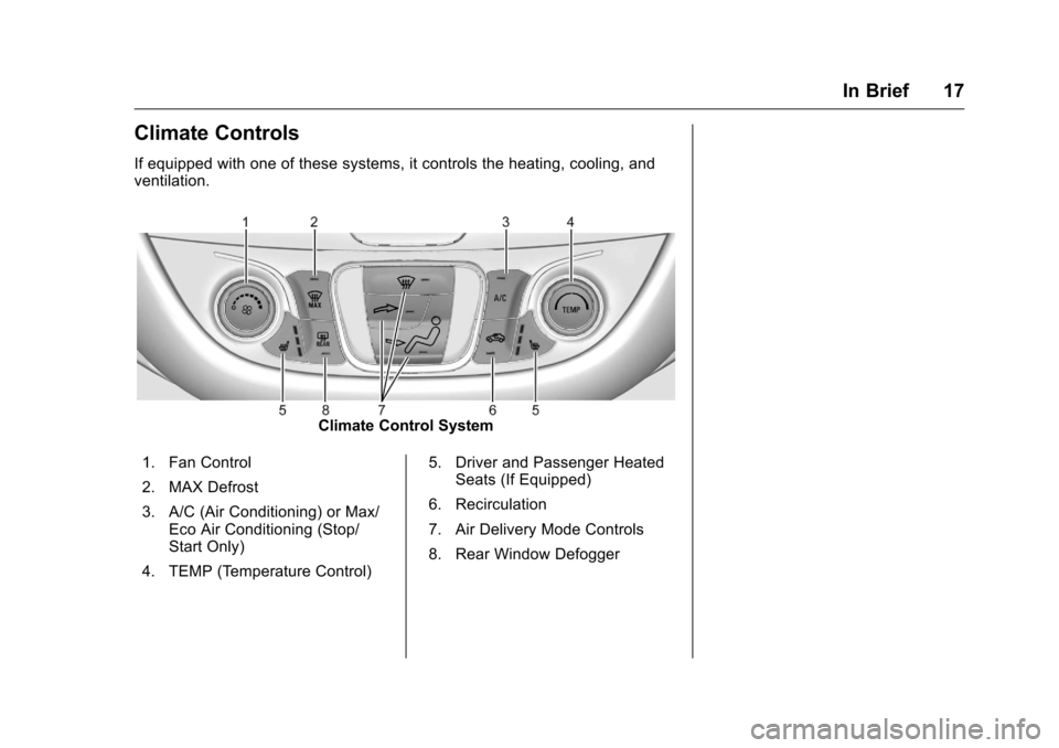 CHEVROLET MALIBU 2016 8.G User Guide Chevrolet Malibu Owner Manual (GMNA-Localizing-U.S./Canada/Mexico-
9087641) - 2016 - crc - 9/3/15
In Brief 17
Climate Controls
If equipped with one of these systems, it controls the heating, cooling, 