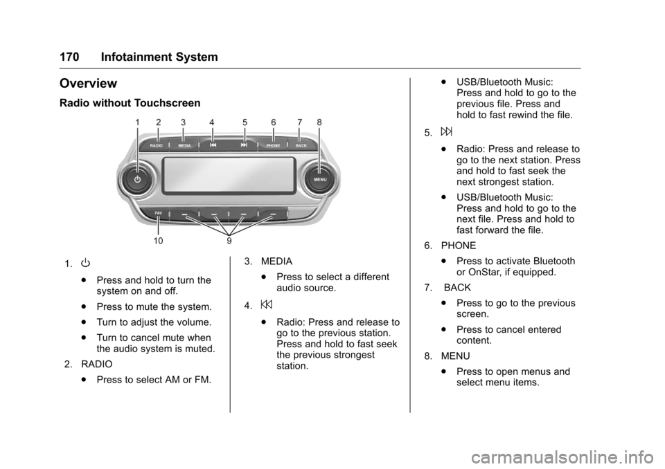 CHEVROLET MALIBU 2016 8.G User Guide Chevrolet Malibu Owner Manual (GMNA-Localizing-U.S./Canada/Mexico-
9087641) - 2016 - crc - 9/3/15
170 Infotainment System
Overview
Radio without Touchscreen
1.O
.Press and hold to turn the
system on a