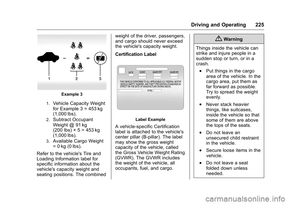 CHEVROLET MALIBU 2016 8.G Owners Manual Chevrolet Malibu Owner Manual (GMNA-Localizing-U.S./Canada/Mexico-
9087641) - 2016 - crc - 9/3/15
Driving and Operating 225
Example 3
1.Vehicle Capacity Weight
for Example 3 = 453 kg
(1,000 lbs).
2.Su