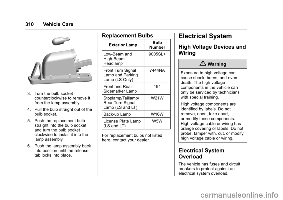 CHEVROLET MALIBU 2016 8.G Owners Manual Chevrolet Malibu Owner Manual (GMNA-Localizing-U.S./Canada/Mexico-
9087641) - 2016 - crc - 9/3/15
310 Vehicle Care
3. Turn the bulb socketcounterclockwise to remove it
from the lamp assembly.
4. Pull 