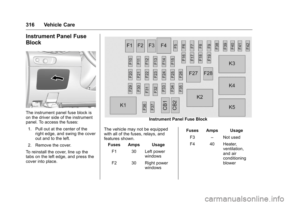 CHEVROLET MALIBU 2016 8.G Owners Manual Chevrolet Malibu Owner Manual (GMNA-Localizing-U.S./Canada/Mexico-
9087641) - 2016 - crc - 9/3/15
316 Vehicle Care
Instrument Panel Fuse
Block
The instrument panel fuse block is
on the driver side of 