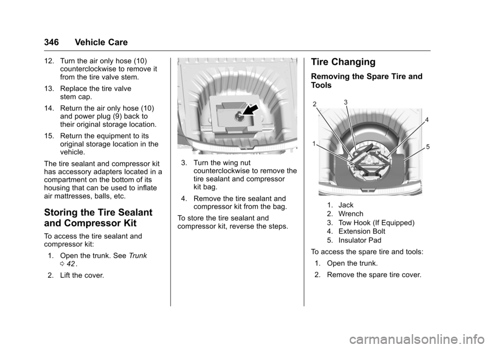 CHEVROLET MALIBU 2016 8.G Owners Manual Chevrolet Malibu Owner Manual (GMNA-Localizing-U.S./Canada/Mexico-
9087641) - 2016 - crc - 9/3/15
346 Vehicle Care
12. Turn the air only hose (10)counterclockwise to remove it
from the tire valve stem