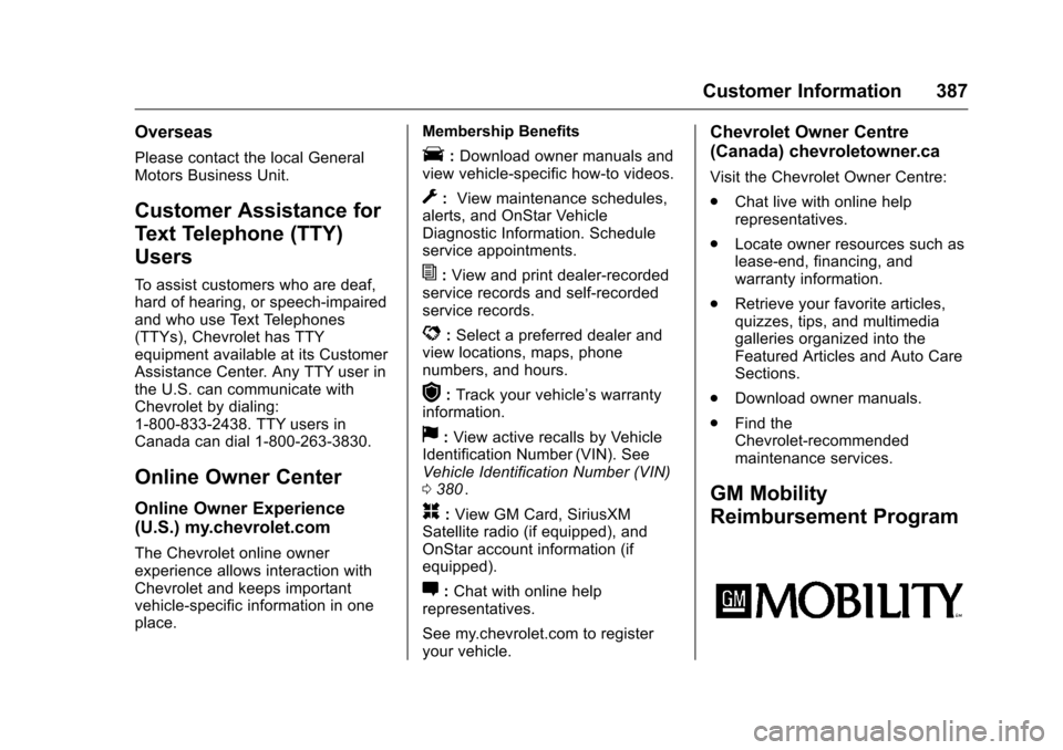 CHEVROLET MALIBU 2016 8.G Service Manual Chevrolet Malibu Owner Manual (GMNA-Localizing-U.S./Canada/Mexico-
9087641) - 2016 - crc - 9/3/15
Customer Information 387
Overseas
Please contact the local General
Motors Business Unit.
Customer Assi